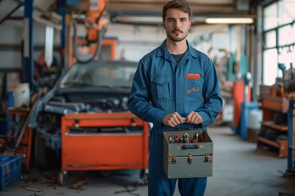 Mécanicien examinant le moteur ouvert d’une voiture dans un atelier automobile
