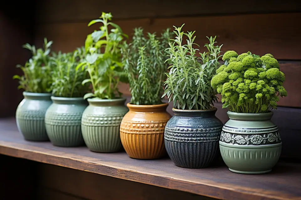 Basilic, ciboulette et menthe en pots devant une fenêtre lumineuse de cuisine