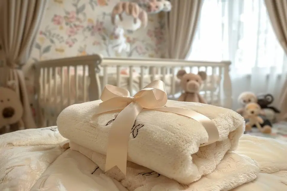 Couverture en coton pliée dans une boîte cadeau près d’un lit de bébé vide