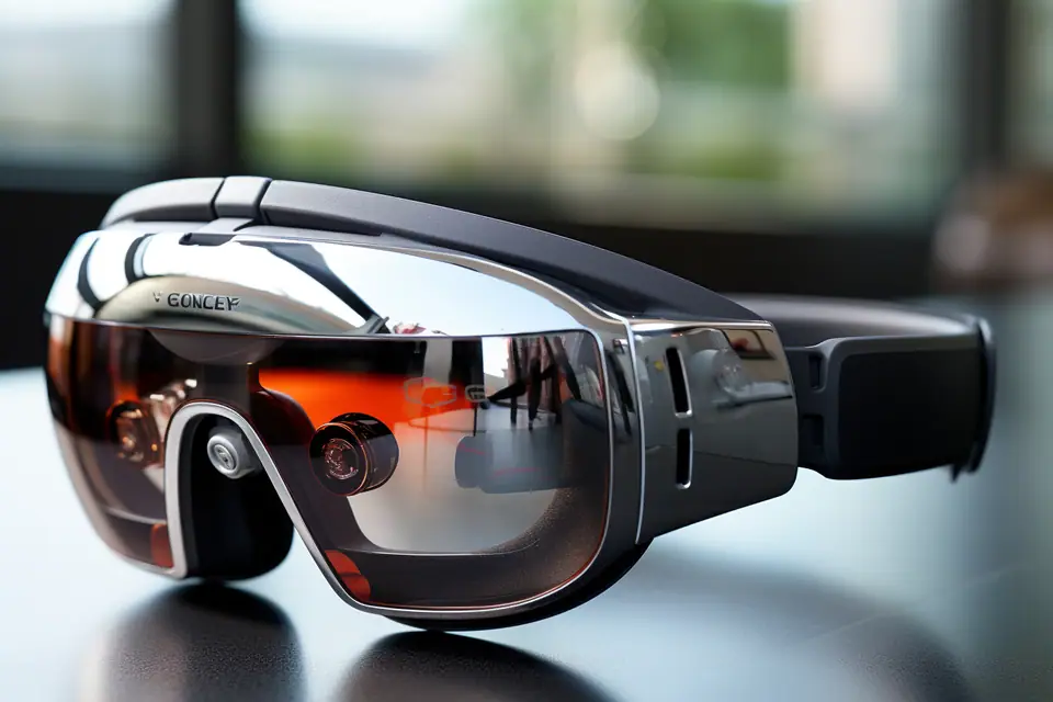 Personne portant un casque de réalité mixte devant des fenêtres d’interface flottantes dans un salon
