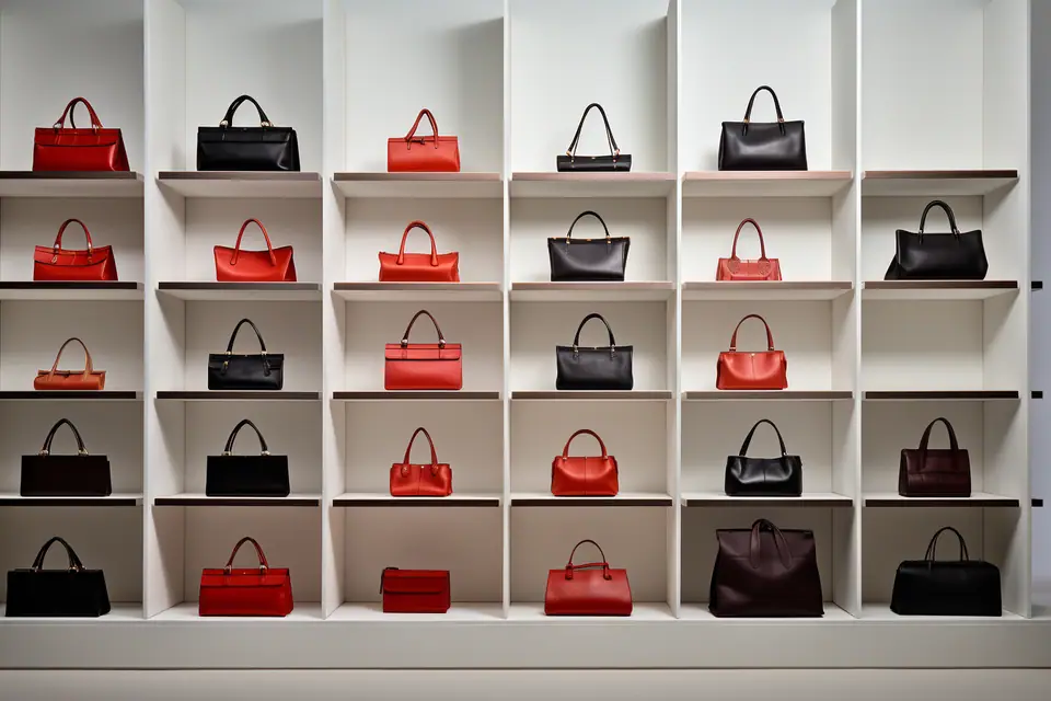 Sac à main noir en cuir posé sur une étagère avec étiquettes de collection