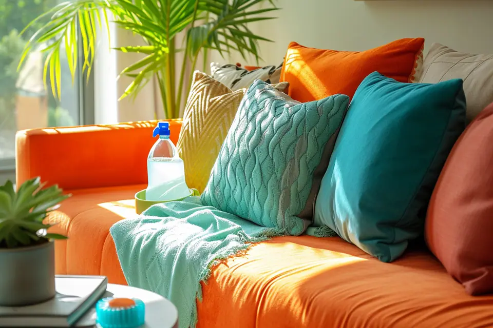 Canapé en tissu gris nettoyé avec une brosse douce et un aspirateur dans un salon lumineux