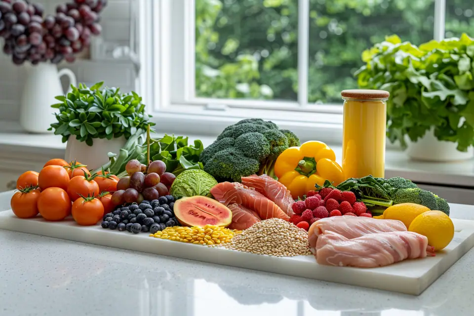 Bol de flocons d’avoine, fruits rouges, yaourt et noix posé près d’une gourde