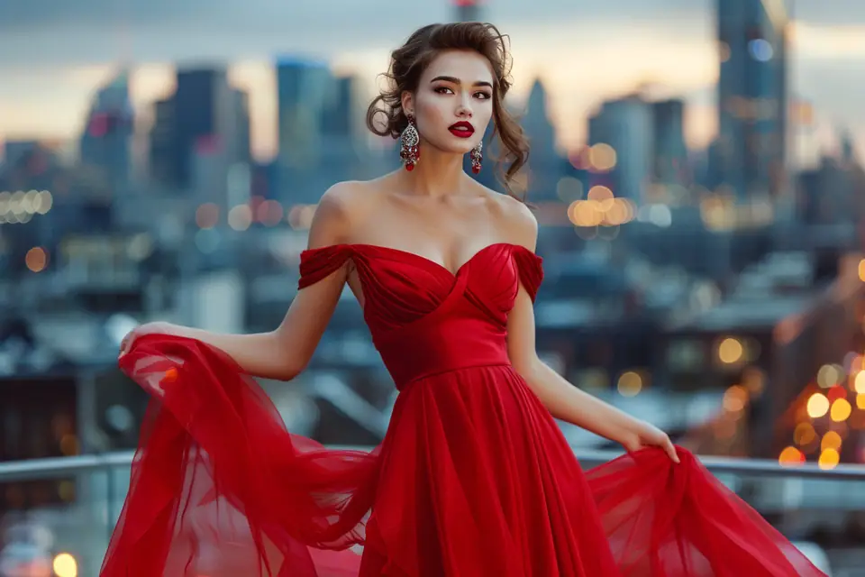 Femme portant une robe rouge midi avec escarpins nude et pochette dorée