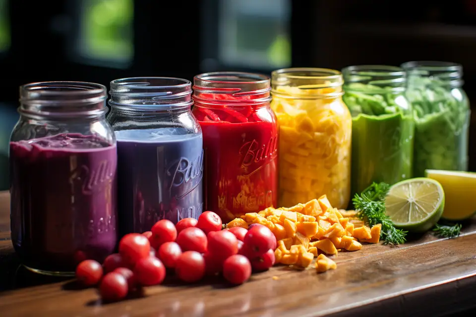 Verres de boisson citronnée, smoothie à la banane et thé glacé sur un plan de travail