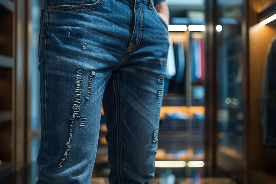 Jean en denim bleu posé à plat avec mètre ruban, craie tailleur et épingles