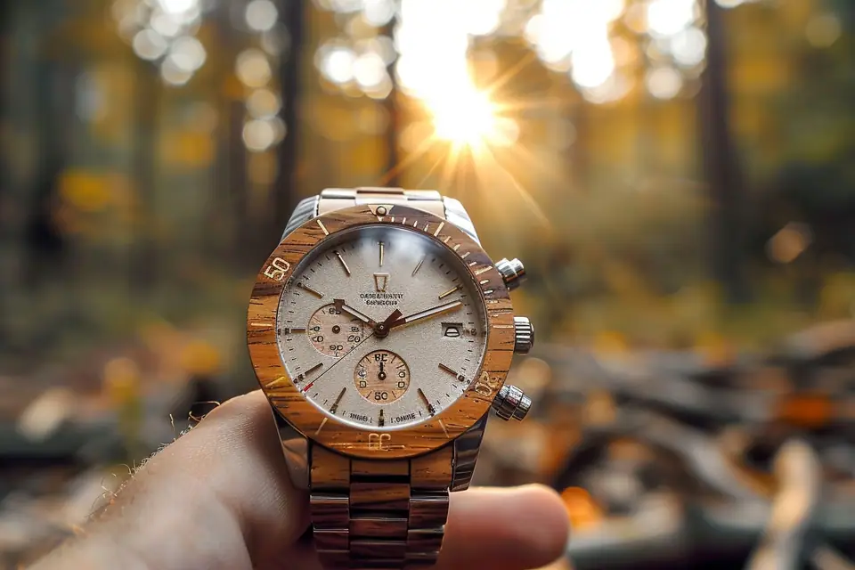 Montre-bracelet en bois clair posée sur une table, avec cadran sombre et bracelet à maillons