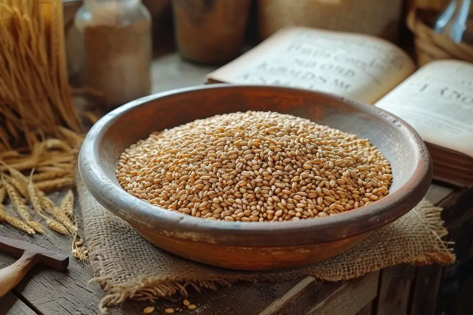 Épis de blé, grains d’avoine et bol de céréales posés sur une table en bois