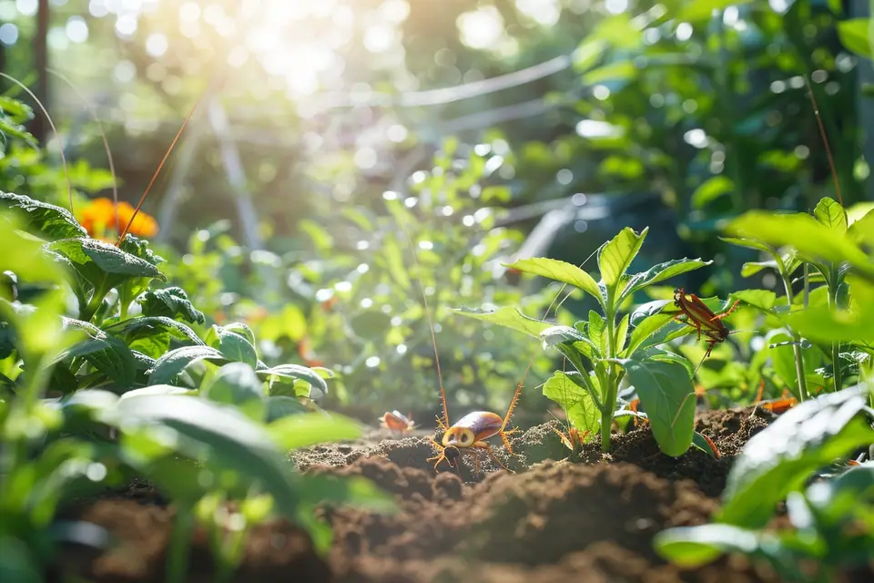 Petit cafard brun sur des feuilles mortes humides dans un jardin au crépuscule