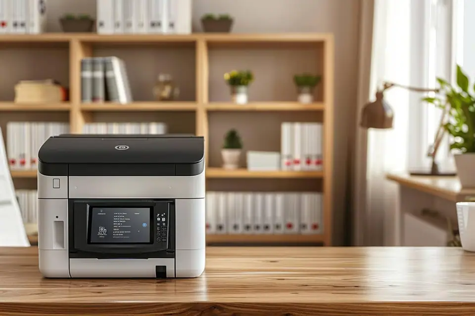 Imprimante laser couleur posée sur un bureau domestique près de feuilles et de cartouches toner