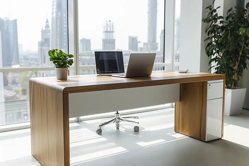 Bureau lumineux aux lignes sobres avec écran, chaise ergonomique, plantes et rangements fermés