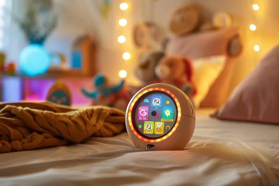 Jeune enfant regardant un réveil lumineux coloré posé sur une table de chevet