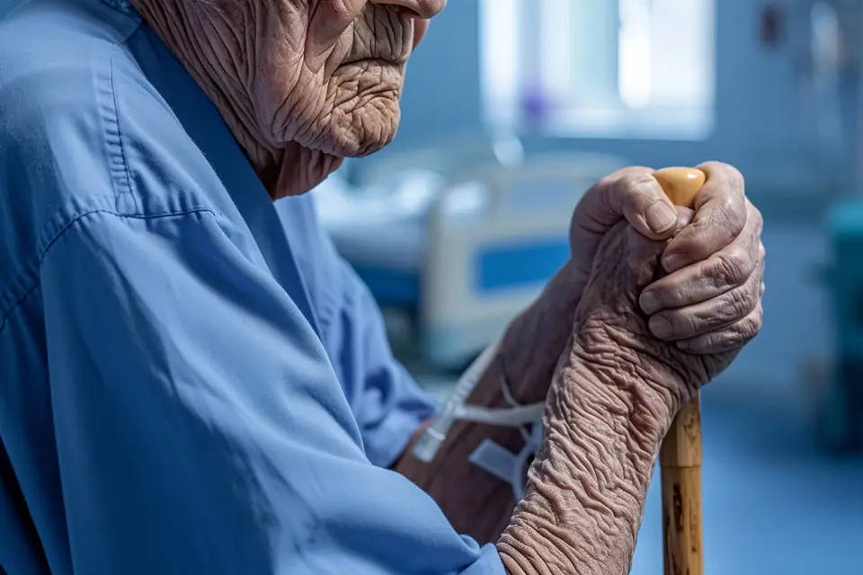 Personne âgée accompagnée par un soignant lors d’une marche avec déambulateur en service de rééducation