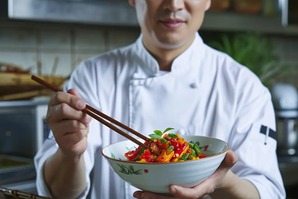 Wok fumant avec nouilles, légumes croquants, herbes fraîches et sauces asiatiques sur un plan de travail