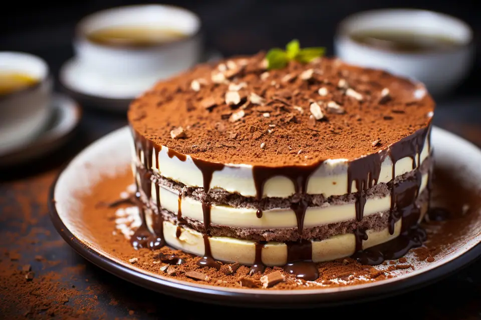 Part de tiramisu italien saupoudrée de cacao dans un plat rectangulaire en verre