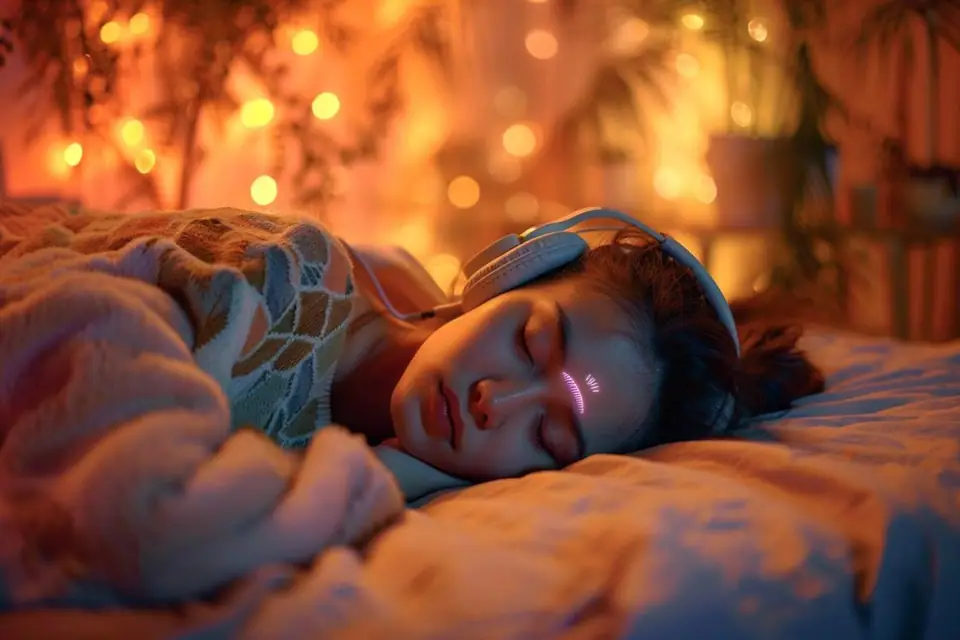 Personne allongée dans une chambre sombre portant un bandeau audio souple avant de dormir