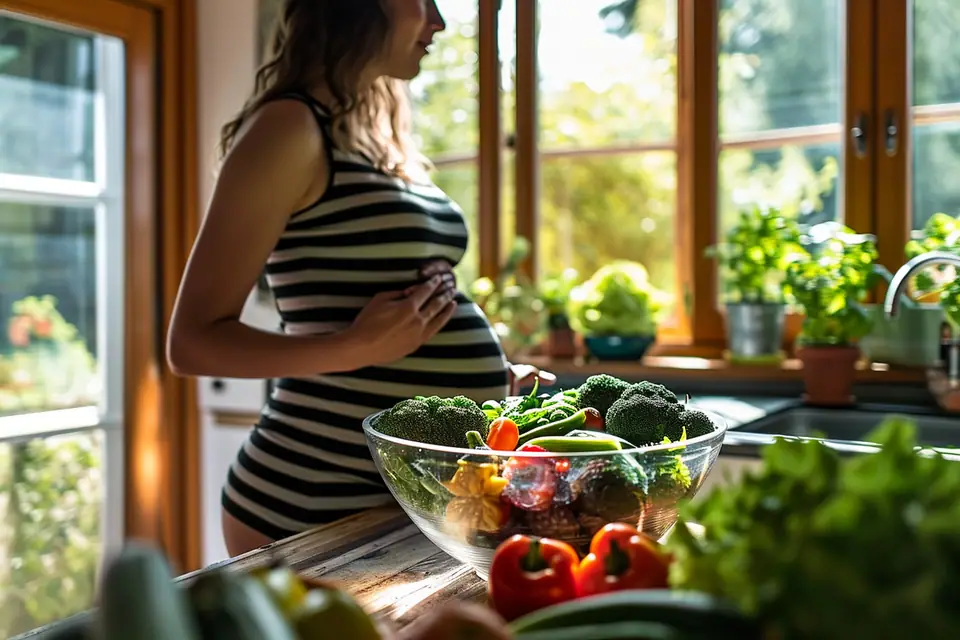 Femme enceinte préparant un repas composé de légumes, légumineuses, pain complet et produits laitiers