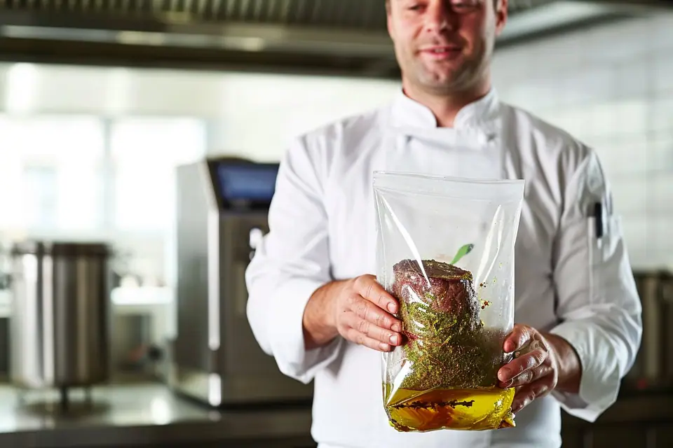 Filets de saumon scellés dans des sachets, cuisant dans un bain d’eau régulé