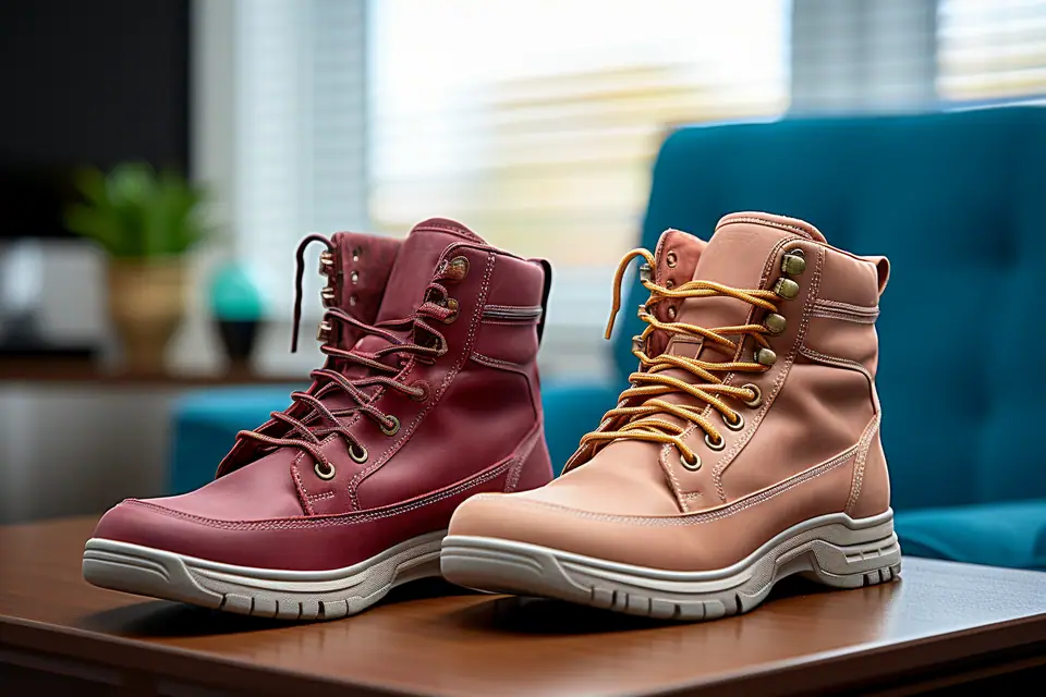 Cliente mesurant son pied devant un ordinateur portable et plusieurs boîtes de chaussures
