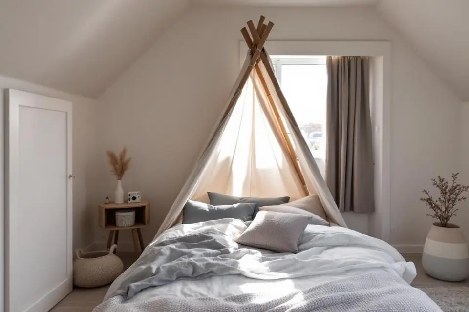 Lit tipi en bois clair, linge écru et tapis sobre dans une chambre d’enfant lumineuse