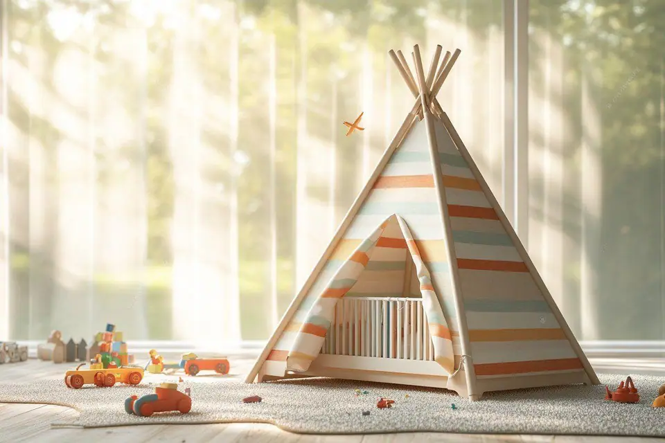 Lit tipi bas en bois avec barrières latérales dans une chambre d’enfant claire