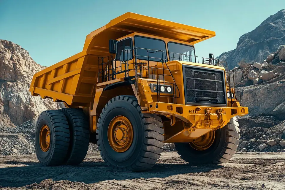 Camion benne chargé de gravier sur un chantier résidentiel, hayon fermé