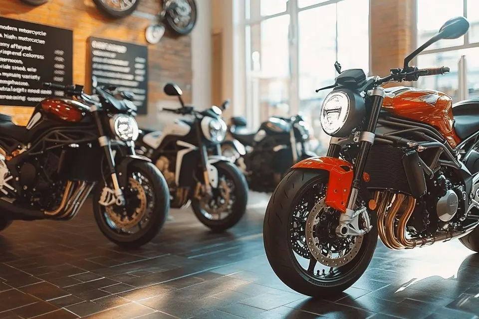 Motocycliste casqué récupérant une moto de location devant une agence urbaine française