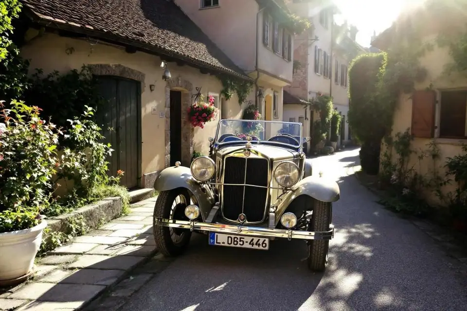 Voiture compacte de location stationnée devant une route alpine européenne au lever du jour