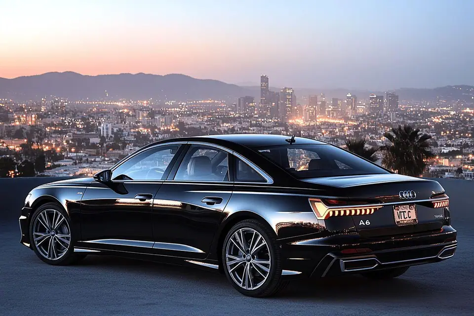 Berline Audi A6 noire stationnée devant un hôtel avec chauffeur ouvrant la porte arrière