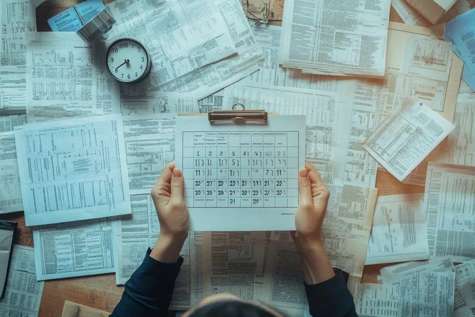 Calendrier annuel, avis d’échéance et lettre de résiliation posés sur un bureau
