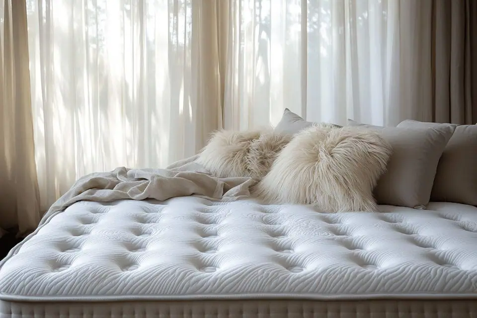 Lit double avec matelas épais blanc, tête de lit capitonnée et linge hôtelier clair