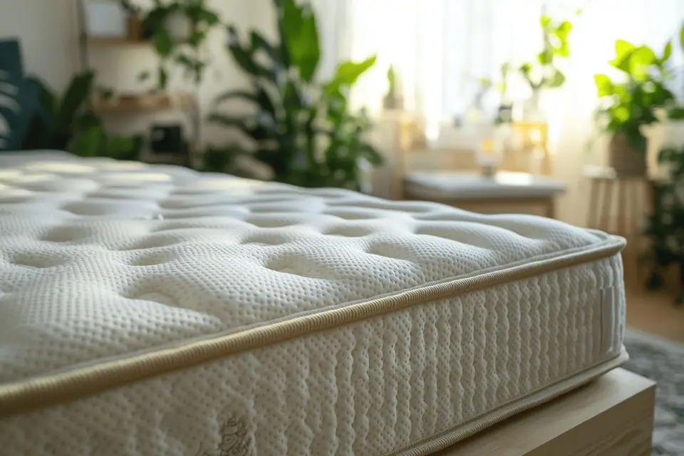 Matelas en latex clair posé sur un sommier à lattes dans une chambre lumineuse