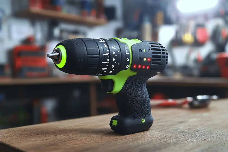 Mini perceuse sans fil, forets et accessoires alignés sur un établi de bricolage éclairé