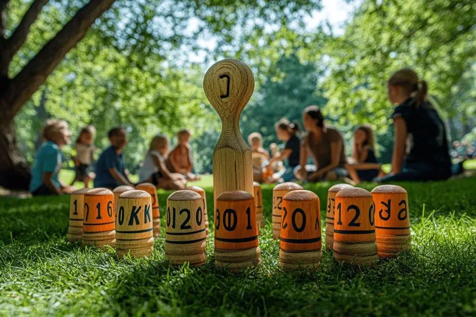Joueurs de Mölkky lançant un bâton vers des quilles numérotées sur terrain stabilisé