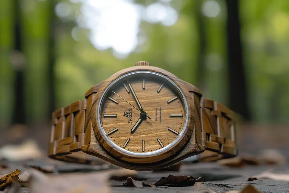 Montre en bois brun aux contours arrondis posée sur une pierre claire et des feuilles