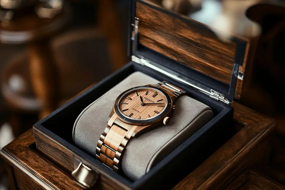 Montre en bois posée sur un coussin dans un coffret cadeau ouvert en carton rigide