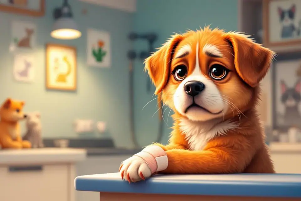 Chien assis près d’une valise et de son carnet de santé dans une entrée