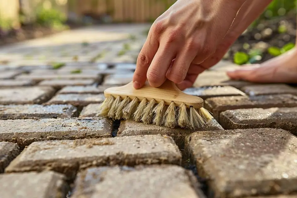 Brosse dure, seau d’eau et pavés autobloquants humides sur une allée résidentielle