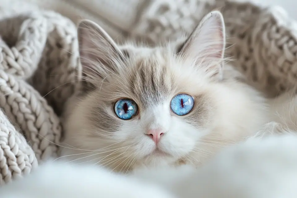 Chat tigré aux yeux humides observé de près sur un plaid clair