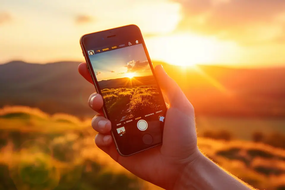 Smartphone iPhone photographiant un paysage urbain au coucher du soleil, tenu à deux mains