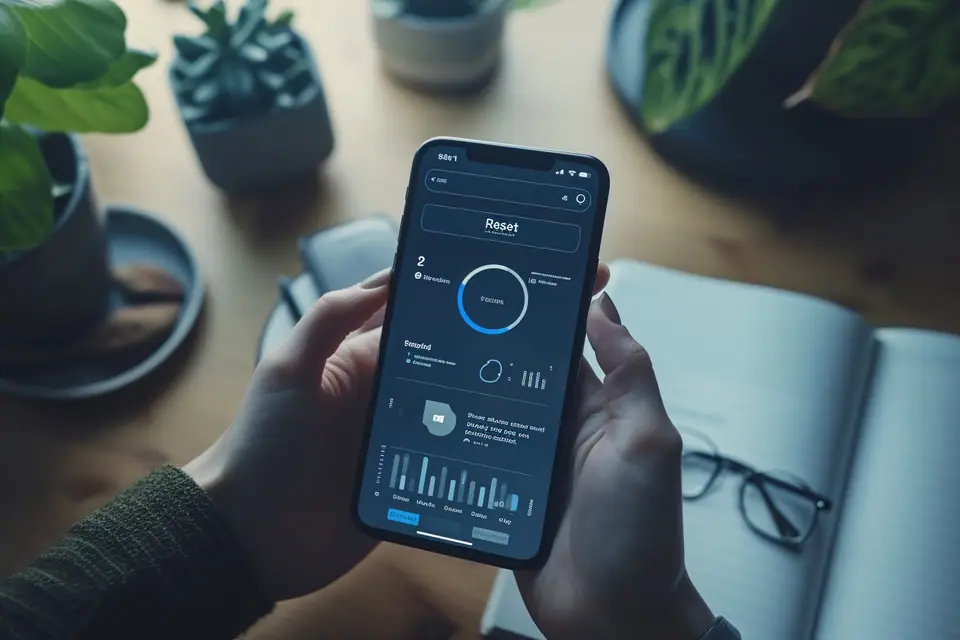 Un iPhone posé près d’un ordinateur affiche le menu Réinitialiser dans les réglages iOS
