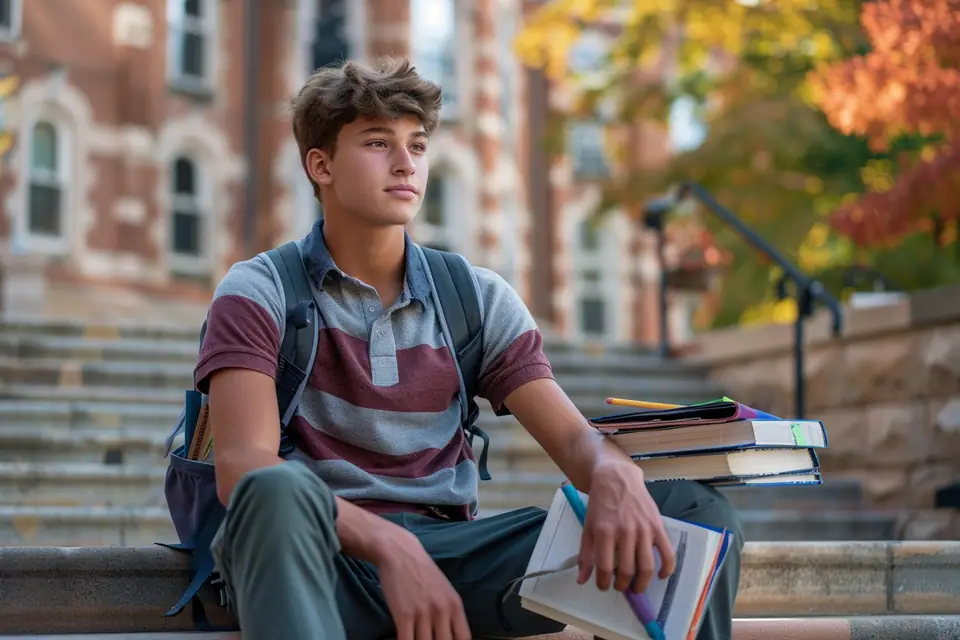 Adolescents devant un lycée américain avec drapeau des États-Unis et sacs à dos