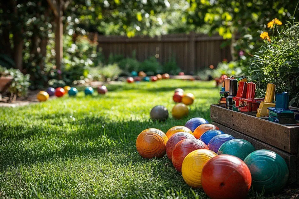 Deux enfants et deux adultes jouent à la pétanque sur un terrain de gravier