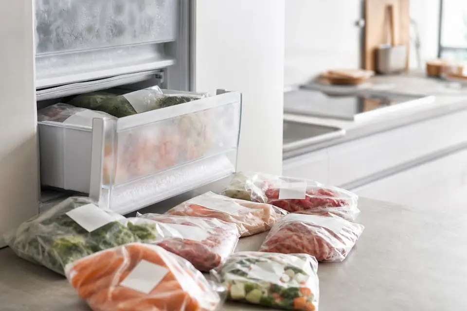 Portions de viande et de légumes emballées et étiquetées, posées devant un tiroir de congélateur ouvert