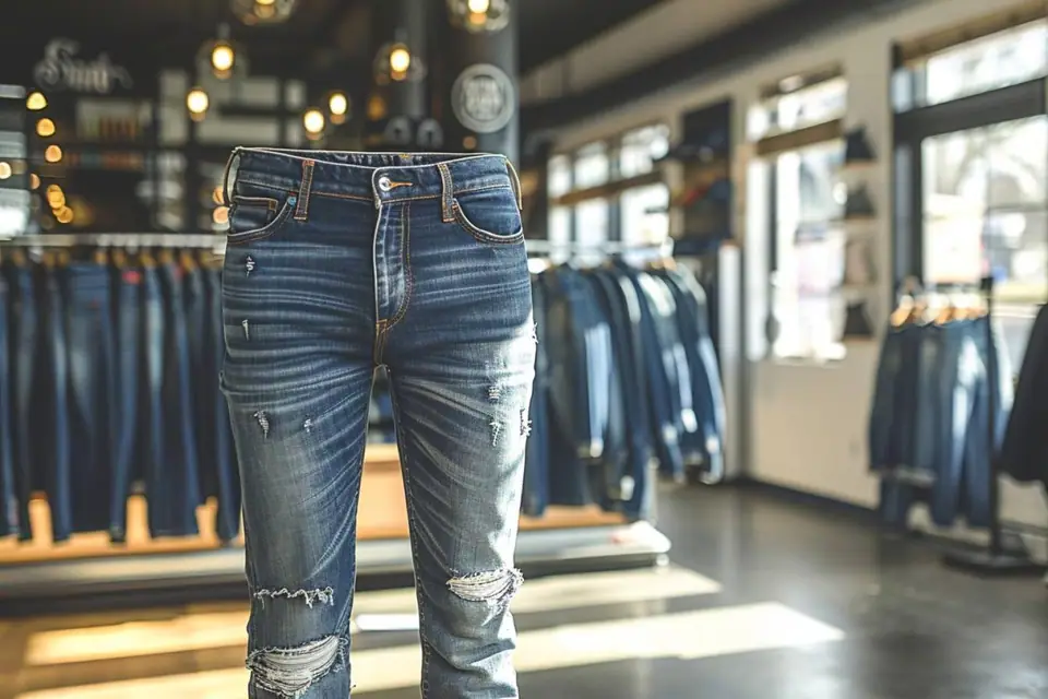 Jean brut indigo plié sur une table avec étiquette de réduction en magasin