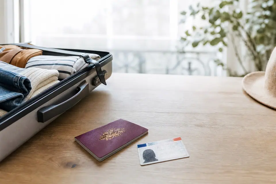 Carte d’identité française et passeport posés sur une table près d’une valise ouverte