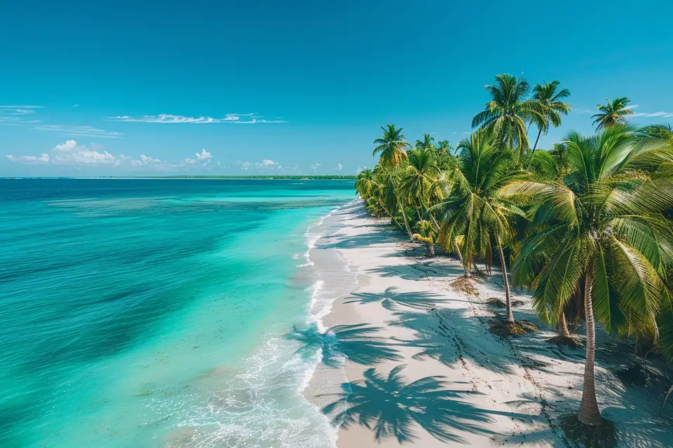 Eau turquoise calme, sable blanc et palmiers sur une plage des Turks-et-Caïcos