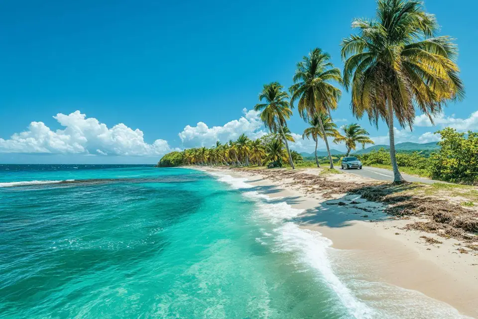 Voiture stationnée près d’une plage bordée de cocotiers sur la côte guadeloupéenne