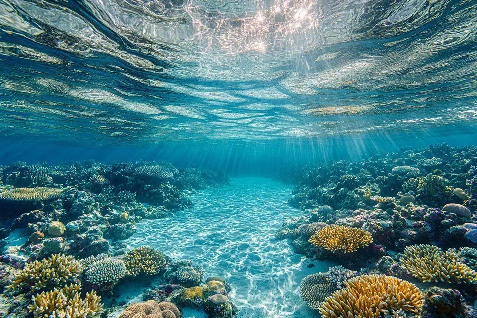 Un plongeur équipé nage au-dessus d’un récif corallien dans le lagon turquoise de Bora Bora