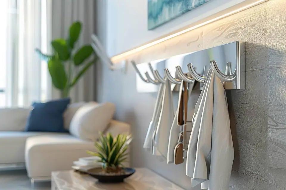 Porte-manteau mural coloré avec patères arrondies dans une entrée familiale lumineuse